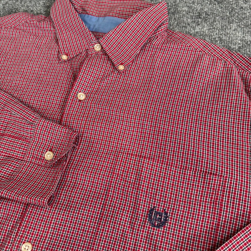 Chaps Button Down Shirt Mens 2XLT Plaid Cotton Blend Relaxed Red Micro Check L/S